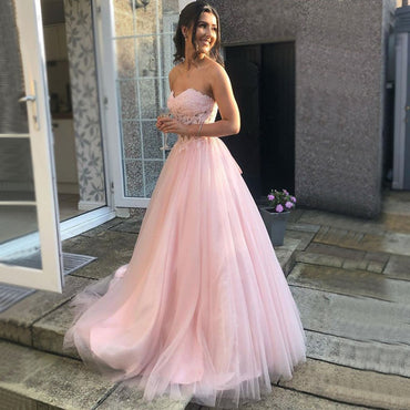 Sexy Blush Pink Sweetheart Strapless Lace Top Lace-up Back A-line Long Prom Dress, PD3299