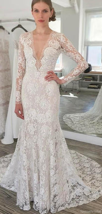 Sexy Boho Illusion Long Sleeve Lace Mermaid V-neck Long Wedding Dress, WD3042
