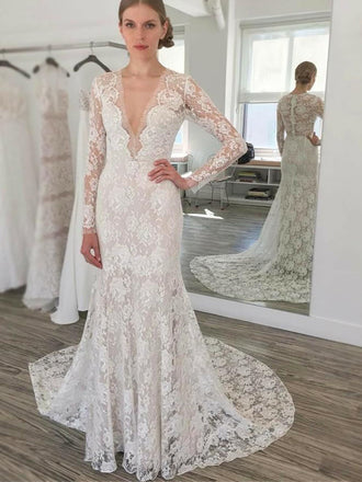 Sexy Boho Illusion Long Sleeve Lace Mermaid V-neck Long Wedding Dress, WD3042