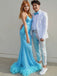 Sexy Bright Blue Spaghetti Straps Mermaid Feather Decorates Prom Dress, PD3320