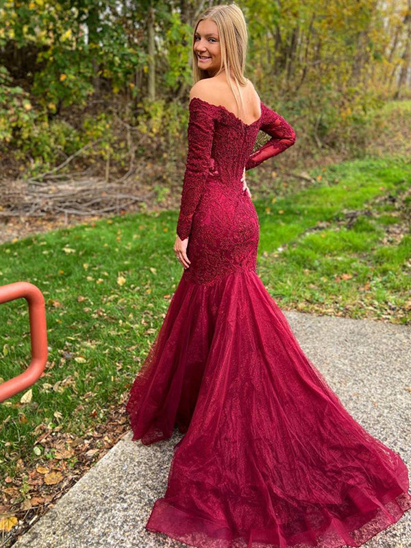 Sexy Burgundy Long Sleeves Off-shoulder Lace Mermaid Tulle Trumpet Prom Dress, PD3218