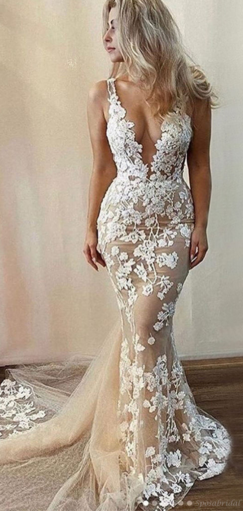 Sexy Champagne White Lace V-neck Open-back Long Tail Mermaid Wedding Dress, WD3065