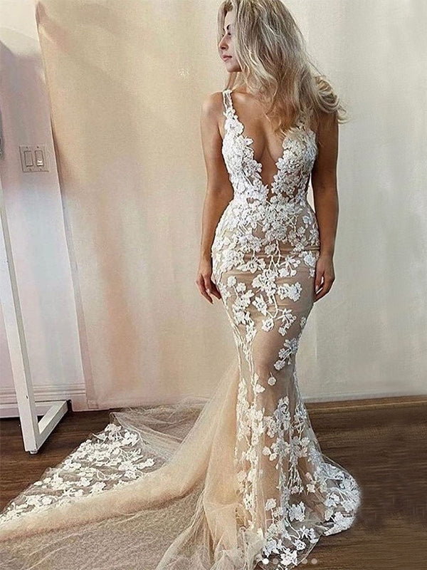 Sexy Champagne White Lace V-neck Open-back Long Tail Mermaid Wedding Dress, WD3065