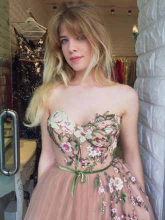 Sexy Dusty Pink Sweetheart Strapless Lace Top A-line Long Prom Dress, PD3266