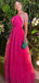 Sexy Fushcia Halter Open Back Sleeveless A-line Tulle Long Prom Dress, PD3364