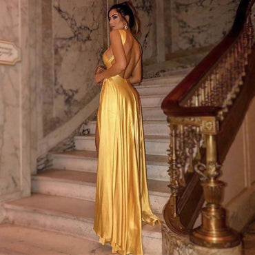 Sexy Gold Halter Cross Backless Side-slit Long Prom Dress, Evening Dress, PD3150