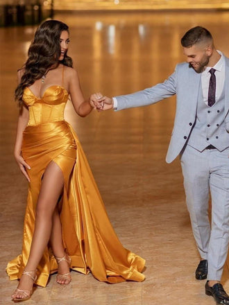 Sexy Gold Spaghetti Strap Sweetheart Corset Top Mermaid Side-slit Long Prom Dress, PD3226