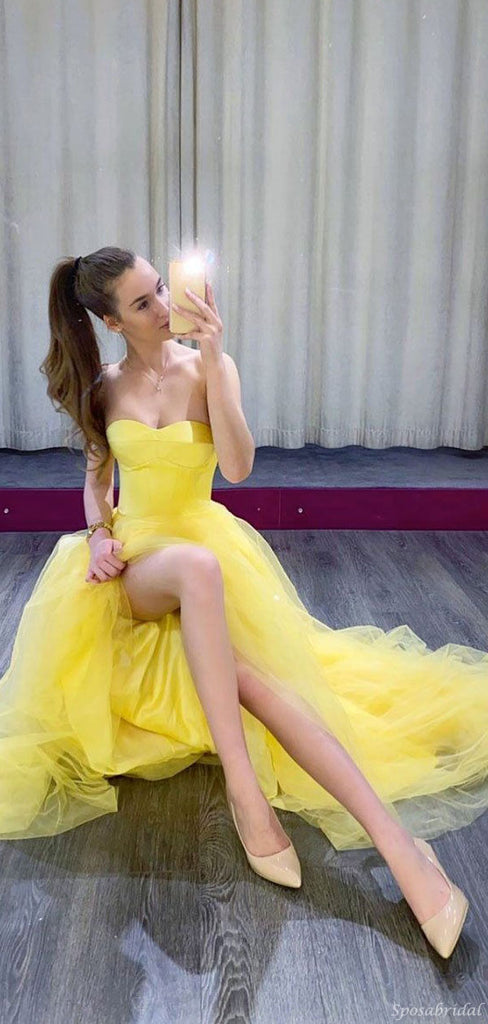 Sexy Yellow Strapless Sweetheart A-line Side-slit Floor-length Long Prom Dress, PD3192