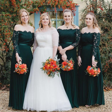 Sexy Lace Top Off-shoulder Hunter Green Sleeves A-line Long Bridesmaid Dresses, BD3143