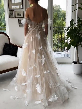 Sexy Light Champagne Off-shoulder Feather Lace-up Back A-line Prom Dress, PD0430