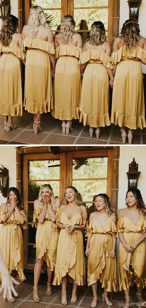 Sexy Mustard Yellow Spaghetti Strap Off-shoulder Mid-length Ruffle Bridesmaid Dress, BD3129