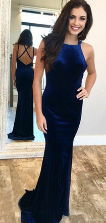 Sexy Navy Blue Velvet Open Back Mermaid Long Prom Dress, PD3267
