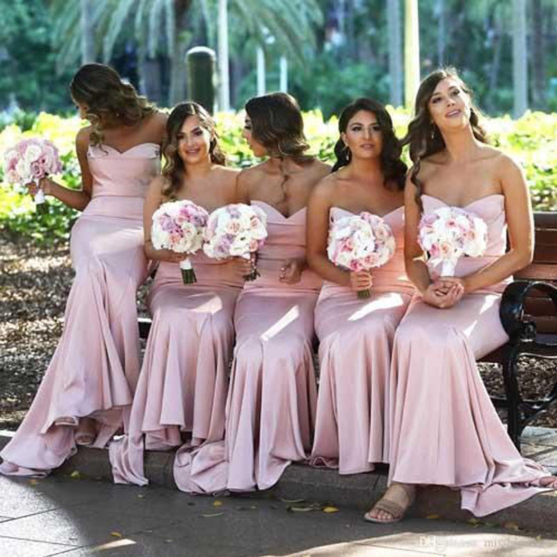 Sexy Pink Mermaid Strapless Open-back Mermaid Long Bridesmaid Dress, BD3121