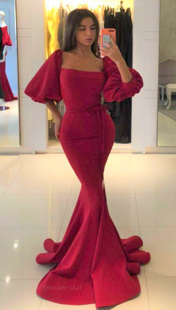 Sexy Red Square Neck Half Sleeves Mermaid Long Prom Dress, PD3405