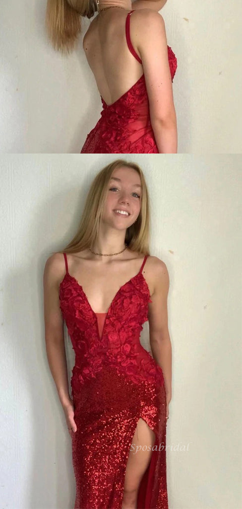 Sexy Red Spaghetti Straps V-neck Lace Top Sequin Side-slit Mermaid Long Prom Dress, PD3481