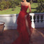 Sexy Red Strapless Straight Sheath Side-slit Tulle Long Prom Party Dress, PD3109