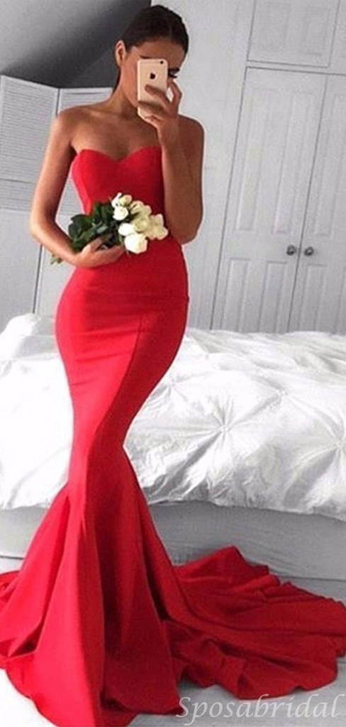 Sexy Red Strapless Sweetheart Mermaid Long Prom Dress, PD3104