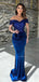 Sexy Royal Blue Off-shoulder V-neck Sequin Top Mermaid Long Prom Dress, PD3529