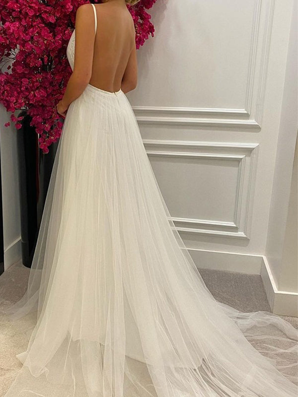 Sexy Simple Spaghetti Straps Open Back V-neck A-line Long Wedding Dress, WD3069