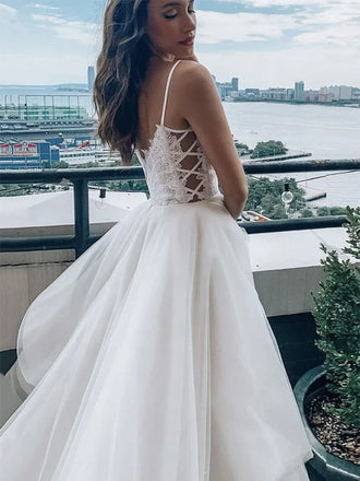 Sexy Spaghetti Strap Sweetheart Ribbon Side A-line Ruffle Long Wedding Dress, WD3056
