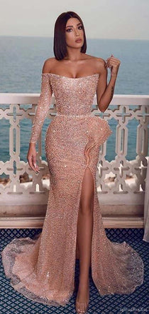Sexy Sparkly Champagne Rose One-shoulder Side-slit Mermaid Long Prom Dress, PD3203