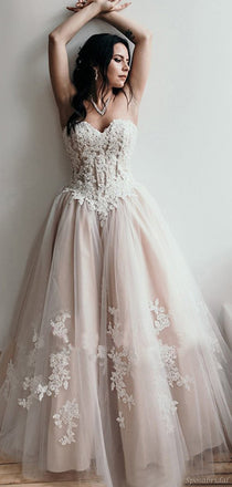 Sexy Strapless Sweetheart A-line Light Champagne Lace Top Elegant Prom Dress, PD3281