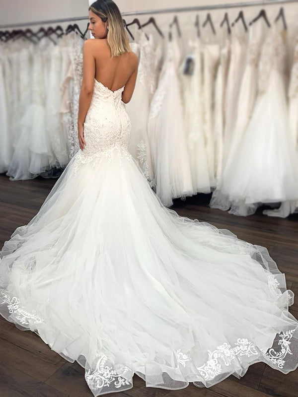 Sexy Strapless Sweetheart Lace Top Mermaid Long Train Wedding Dress, WD3075