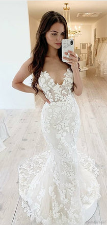 Sexy Strapless V-neck Full Lace Mermaid With Train Long Wedding Dress, WD3070