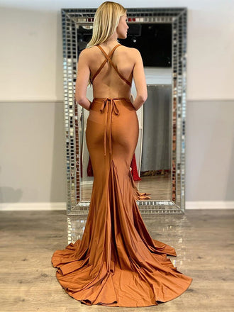Burnt Orange Sexy V-neck Halter Open Back Mermaid Long Prom Dress, BD3253