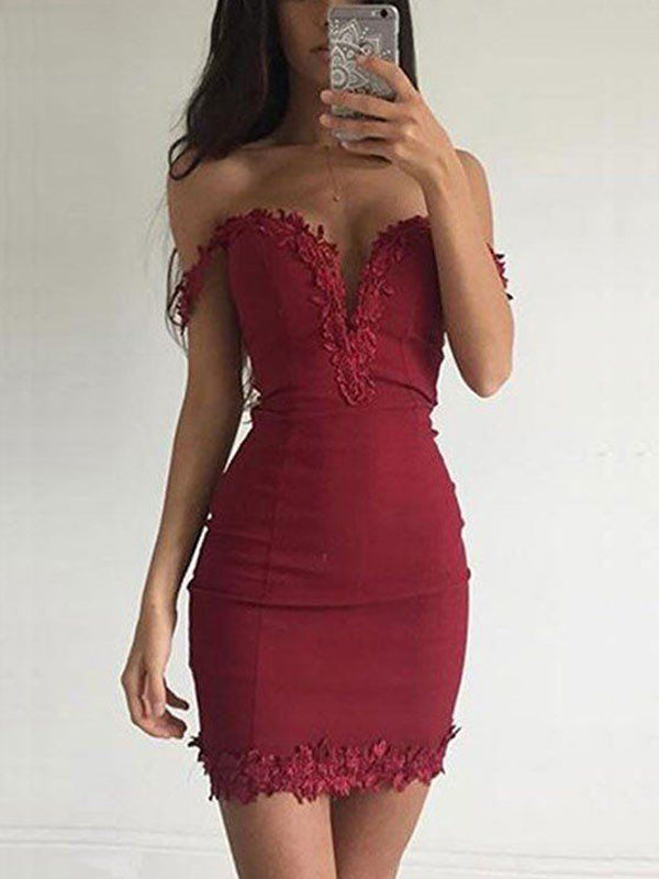 Sexy Wine Red Off-shoulder Mermaid Applique Mini Homecoming Dress, HD3055