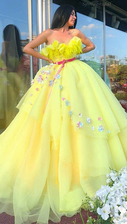 Sexy Yellow Sweetheart Strapless A-line Long Floral Prom Dress, Gown, PD3315