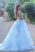 Elegant Ice Blue Fairytale Floral A-line Long Tulle Prom Party Dress, PD3095