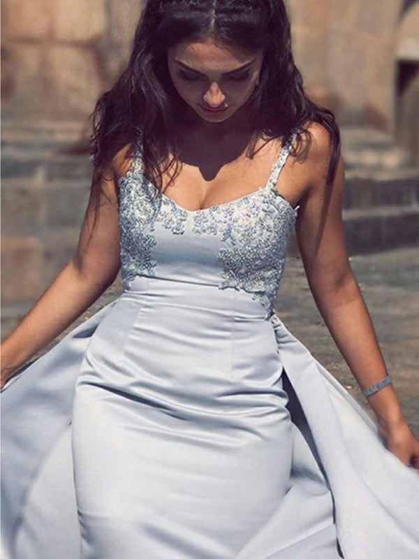 Spaghetti Strap Grey Mermaid Lace Top Long Prom Dress, PD3270