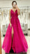 Spaghetti Straps V-neck Sparkly Side-slit A-line Long Lace Top Prom Dress, PD3346