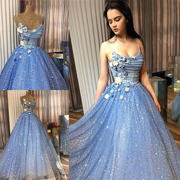 Sparkly Blue Spaghetti Straps Floral Top A-line Long Prom Dress, PD3242