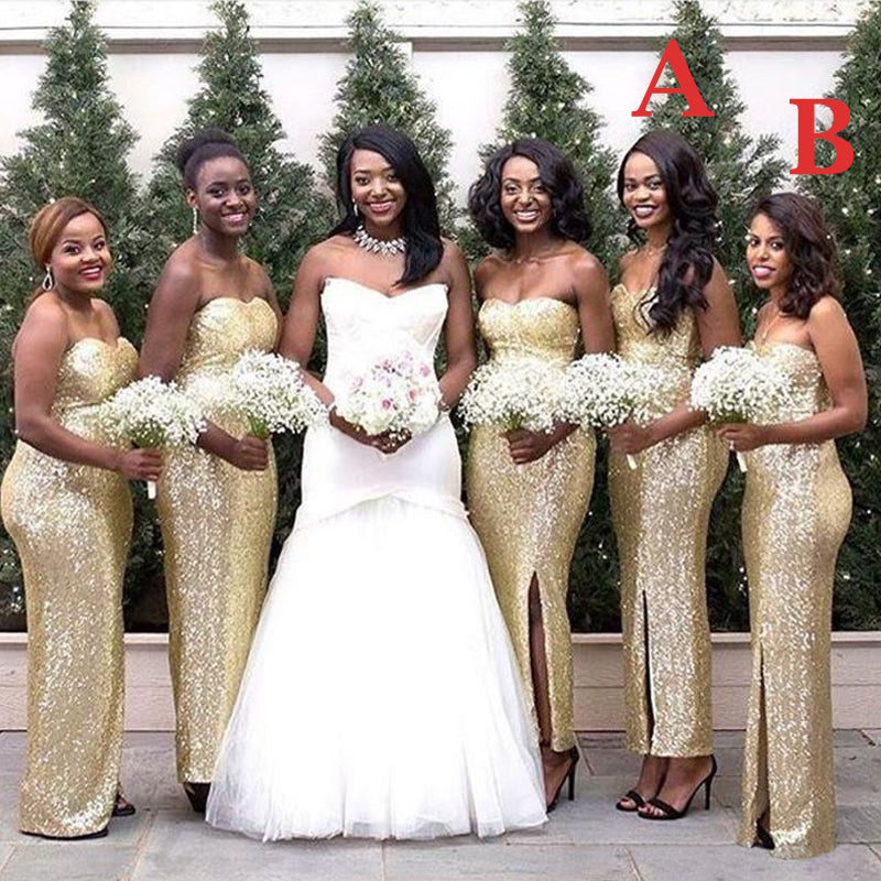 Sparkly Gold Strapless Sweetheart Side-slit Mermaid Bridesmaid Dresses, BD3144