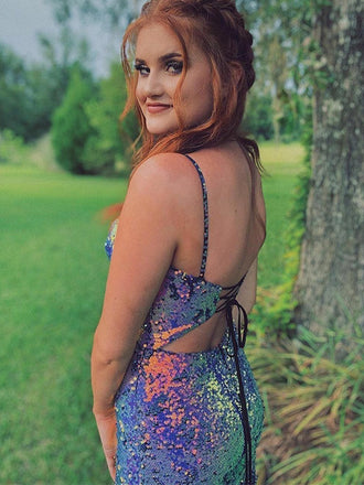 Sparkly Laser Sequin V-neck Spaghetti Straps Mermiad Long Prom Dress, PD3505