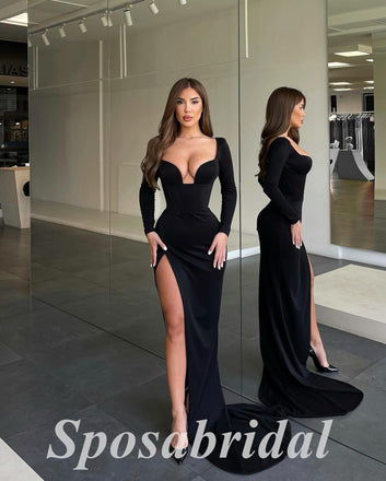Sexy Jersey Long Sleeves V-Neck Side Slit Mermaid Long Prom Dresses,PD3660