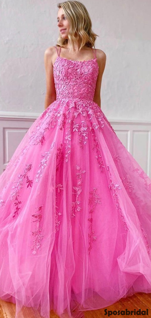 Sexy Hot Pink Spaghetti Strap Floral Lace Backless Tulle A-line Long Prom Dress, PD3037