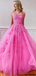 Sexy Hot Pink Spaghetti Strap Floral Lace Backless Tulle A-line Long Prom Dress, PD3037