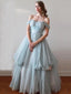 Elegant Vintage Off-shouler A-line Baby blue Tulle Long Prom Dress, PD3082