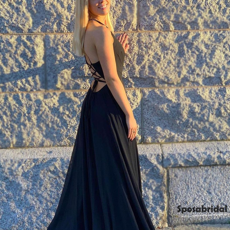 Sweetheart Halter Lace Back Up Side Slit Long Prom Dress, PD3040