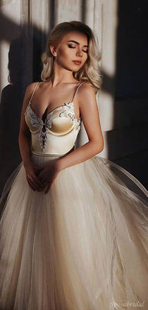 Elegant Champagne Sweetheart Spaghetti Strap Tulle A-line Long Gown Prom Dress, PD3036
