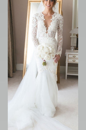 V-neck Long Sleeves Lace Top Mermaid Long Tail Wedding Dress, WD3063