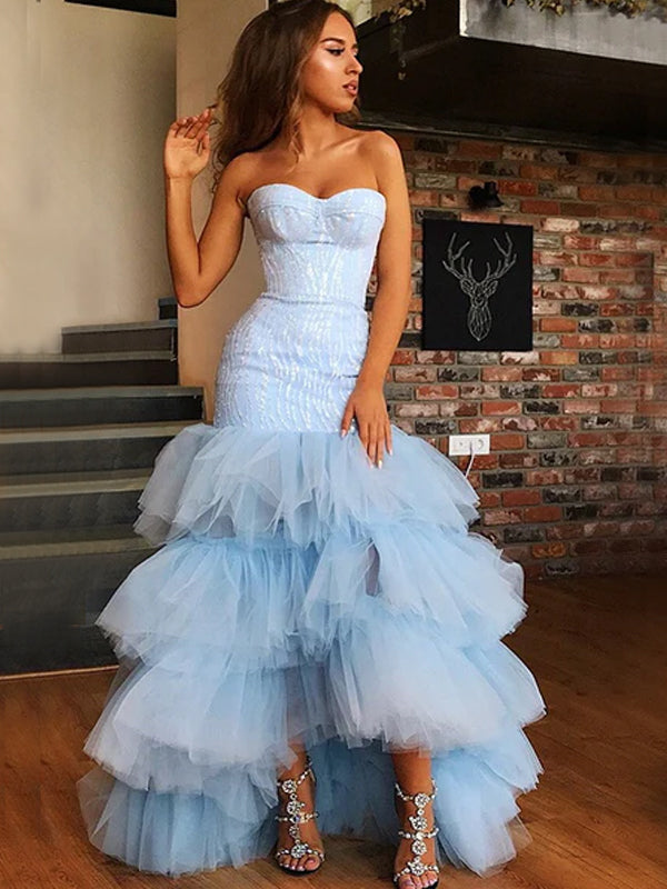 Blue Sexy Strapless Sweetheart Lace Top Tulle Asymmetric Mermaid Long Prom Dress, PD3465