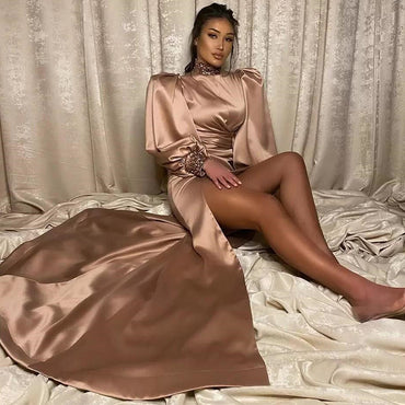 Vintage Mauve Turtle-neck Long-sleeve Side-slit Mermaid Long Prom Dress, PD3357