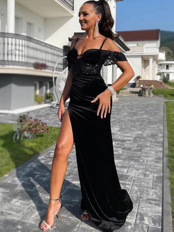 Sexy Black Off-shoulder Spaghetti Straps Side-slit Mermaid Long Prom Dress, PD3492