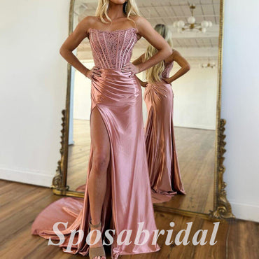 Sexy Lace And Satin Sweetheart Sleeveless Side Slit Mermaid Long Prom Dresses,PD3684