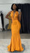 Yellow Halter Sexy Formal Mermaid Long Pleats Long Bridesmaid Dress, BD3237