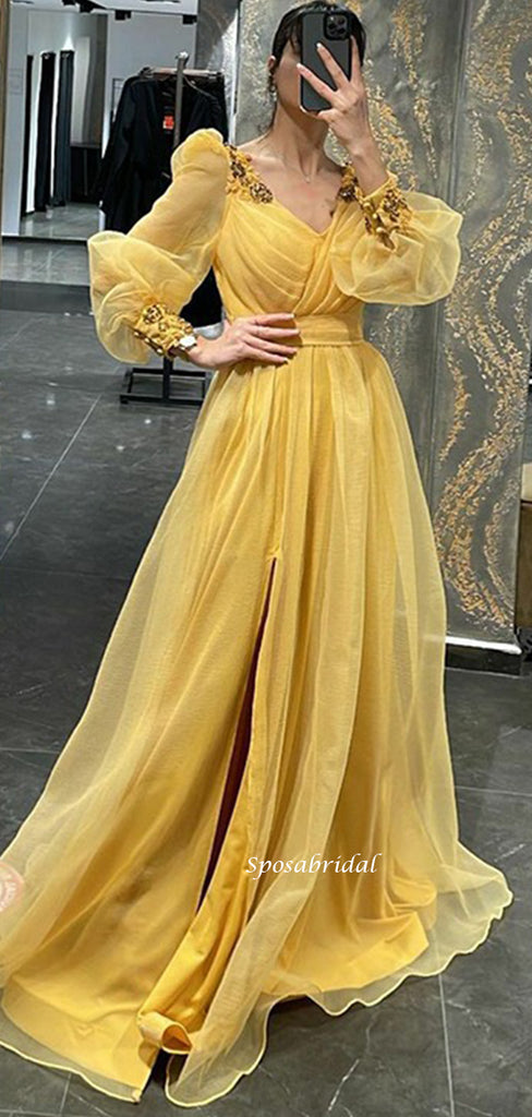 Yellow Long Sleeves Luxury Appliques A-line Side-slit Organza Long Prom Dress, PD3496